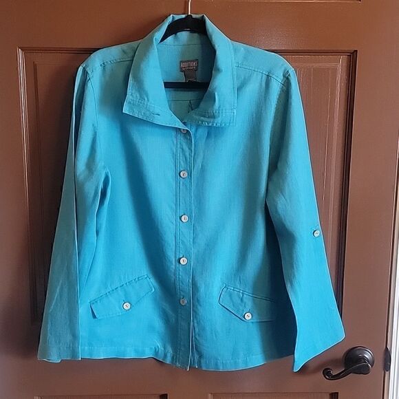 Additions  by Chico's Jackets & Blazers - Additions by Chico's-Linen turq. colored collared long sleeved jkt. Size 2=Large